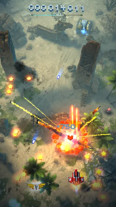 Ekran gry Sky Force Reloaded: samolot gracza ostrzeliwuje wrogów nad pustynną mapą, u góry licznik punktów
